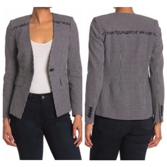 $650 Veronica Beard Callum Dickey Jacket blazer Black White gingham fringe Sz 0 - Picture 1 of 11